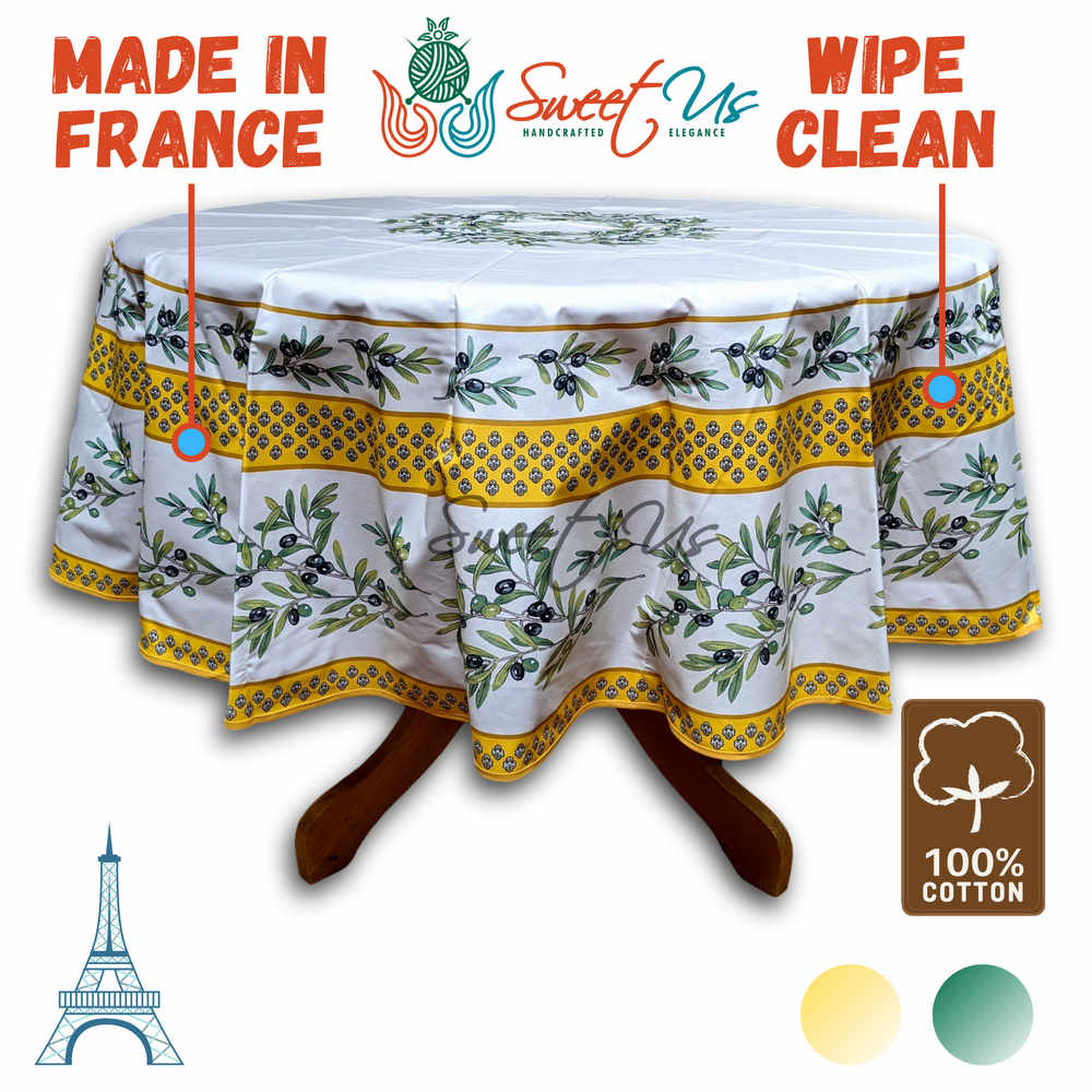 Wipeable Tablecloth Round Spillproof French Acrylic Coated Fleur Oliviers Yellow