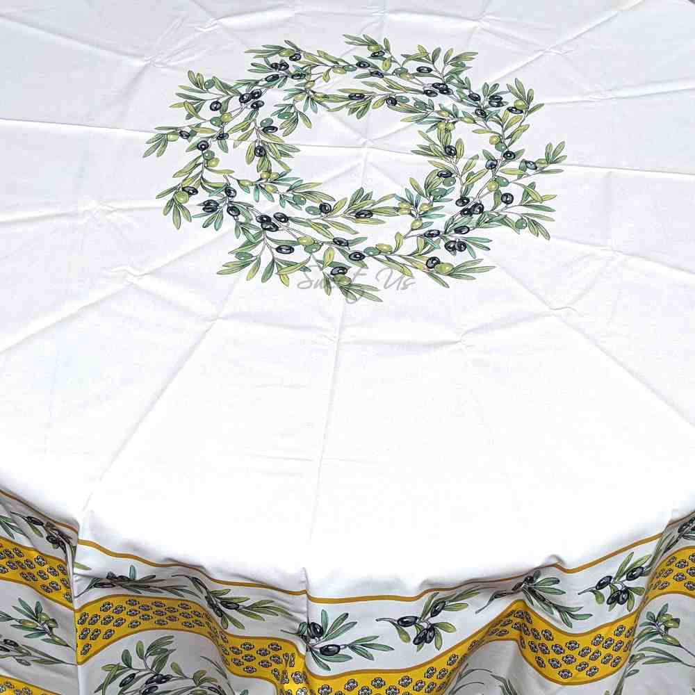 Fleur Oliviers Coated French Tablecloth Round, Saffron Vale
