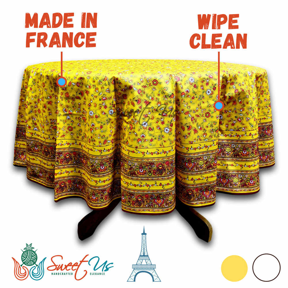 Wipeable Tablecloth Spillproof French Acrylic Coated Indienne Fleur Yellow