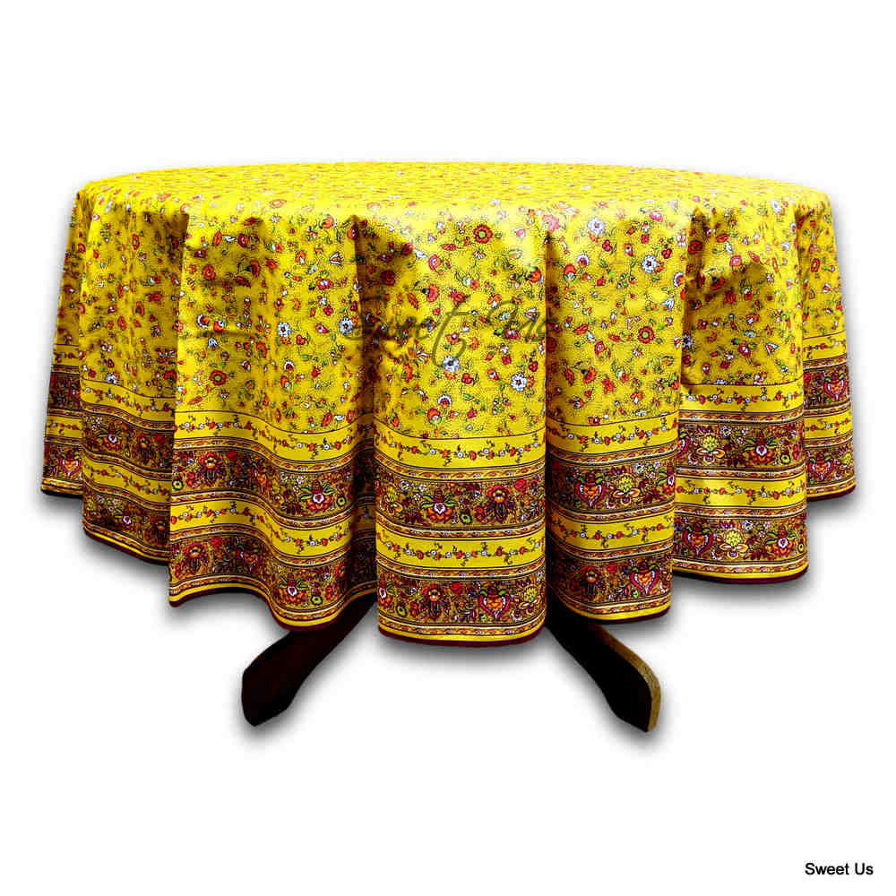 Wipeable Tablecloth Spillproof French Acrylic Coated Indienne Fleur Yellow