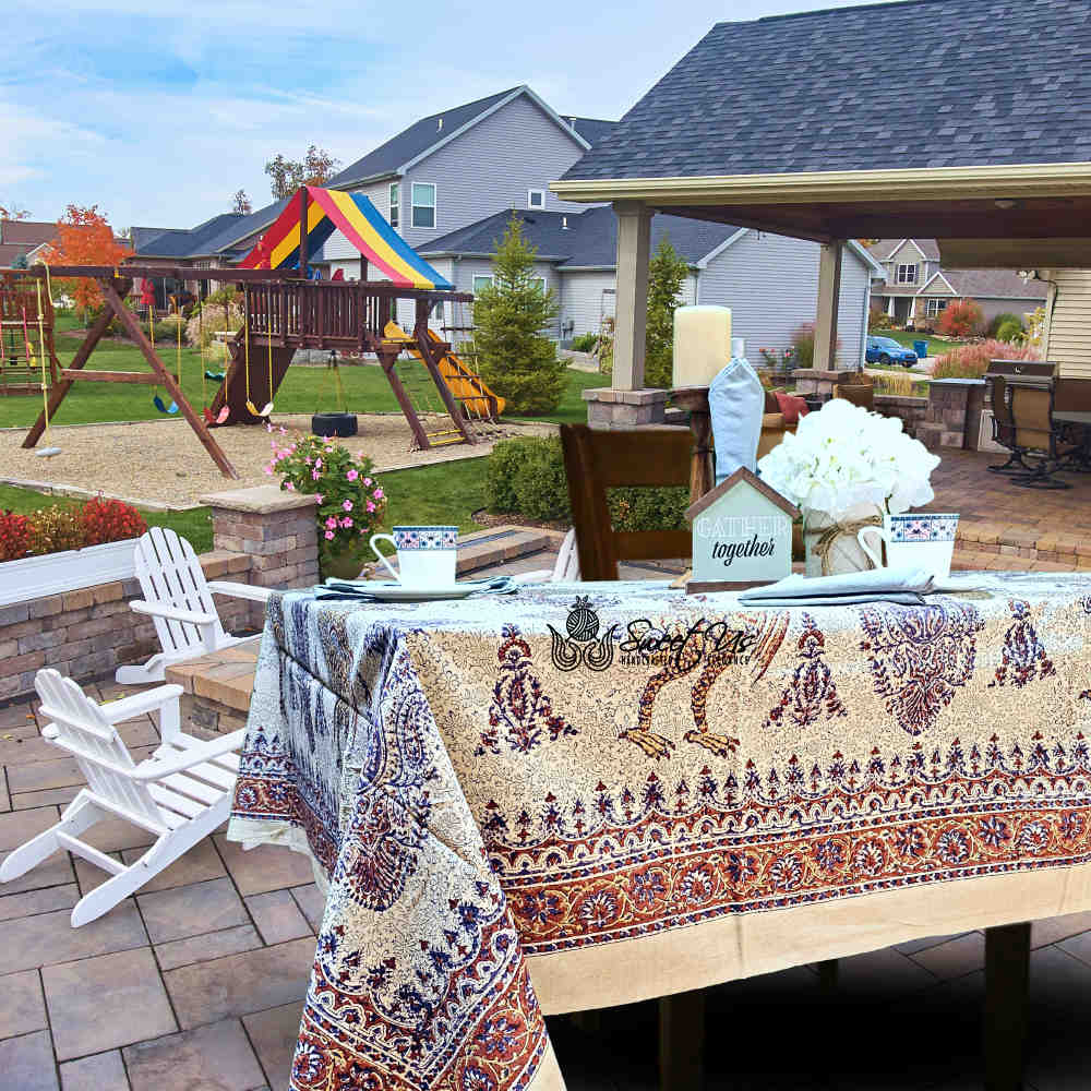 Peacock Paradise Paisley Floral Hand Block Print Cotton Tablecloth Rectangle