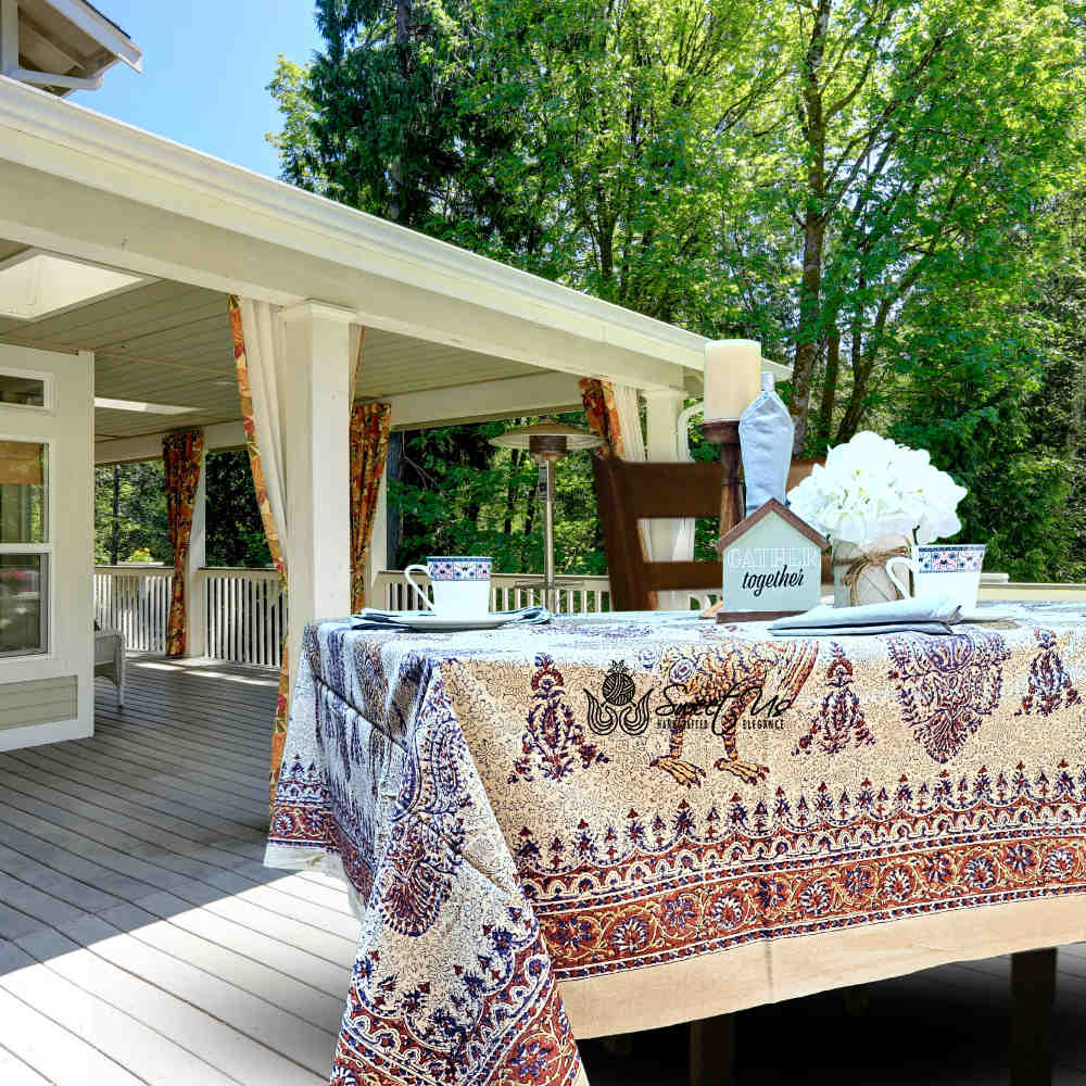 Peacock Paradise Paisley Floral Hand Block Print Cotton Tablecloth Rectangle