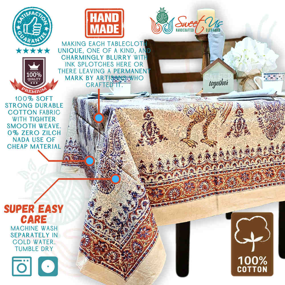 Peacock Paradise Paisley Floral Hand Block Print Cotton Tablecloth Rectangle