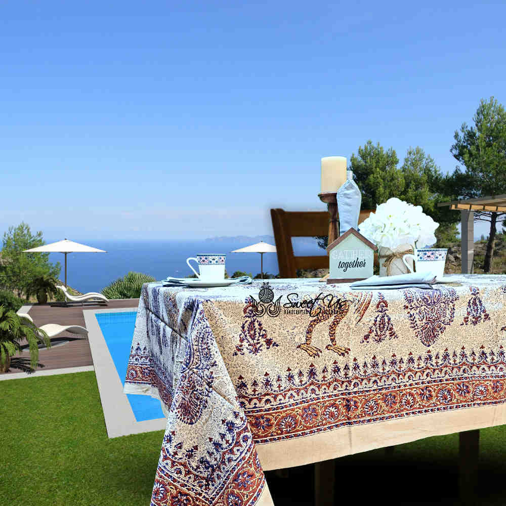 Peacock Paradise Paisley Floral Hand Block Print Cotton Tablecloth Rectangle