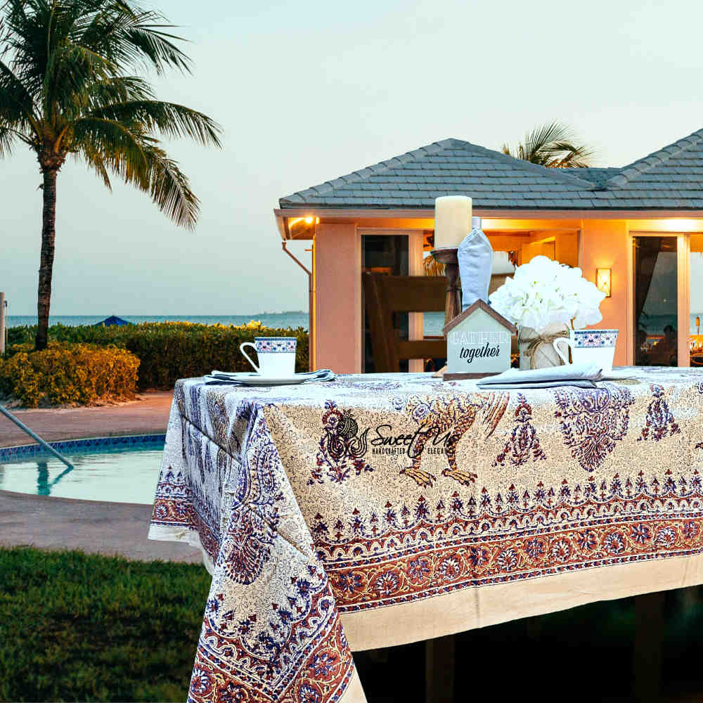 Peacock Paradise Paisley Floral Hand Block Print Cotton Tablecloth Rectangle