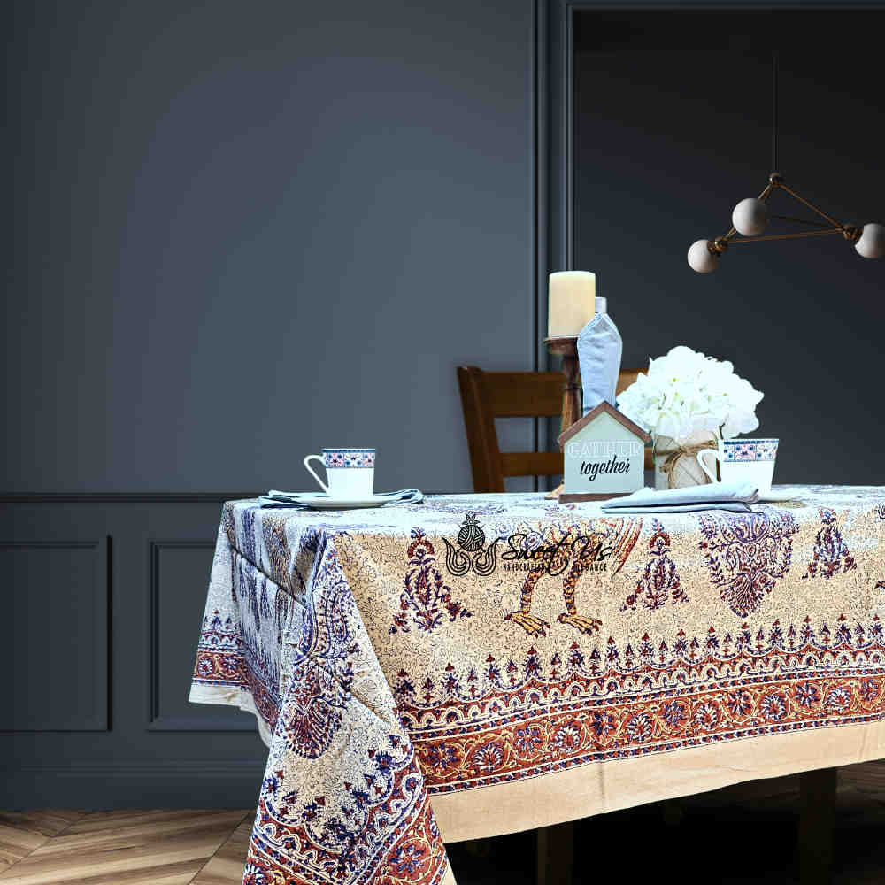Peacock Paradise Paisley Floral Hand Block Print Cotton Tablecloth Rectangle