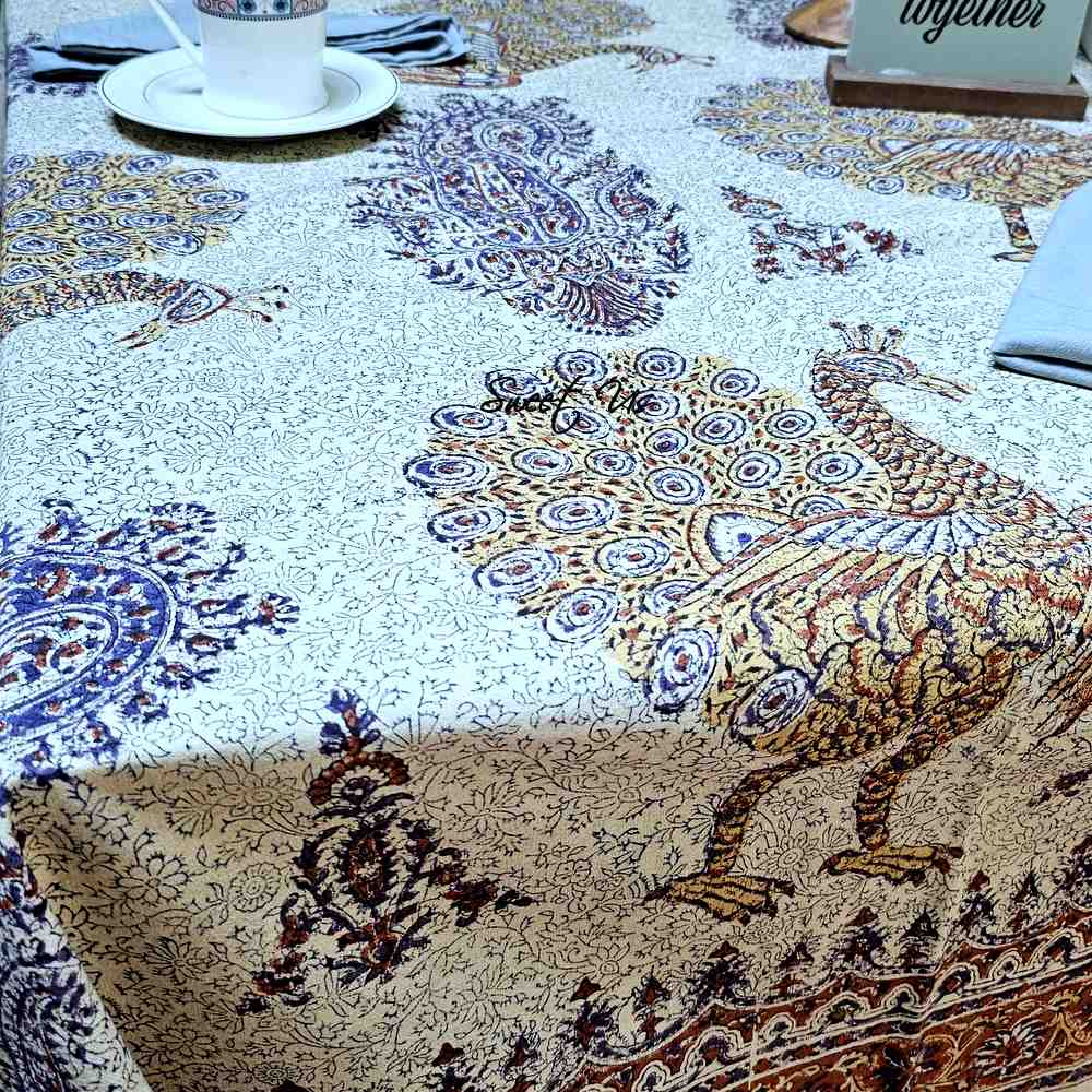 Peacock Paradise Paisley Floral Hand Block Print Cotton Tablecloth Rectangle