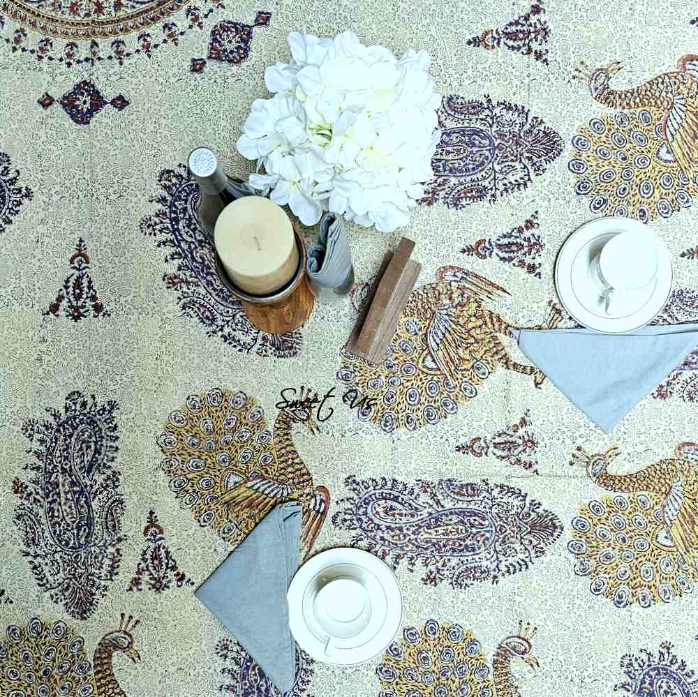Peacock Paradise Paisley Floral Hand Block Print Cotton Tablecloth Rectangle