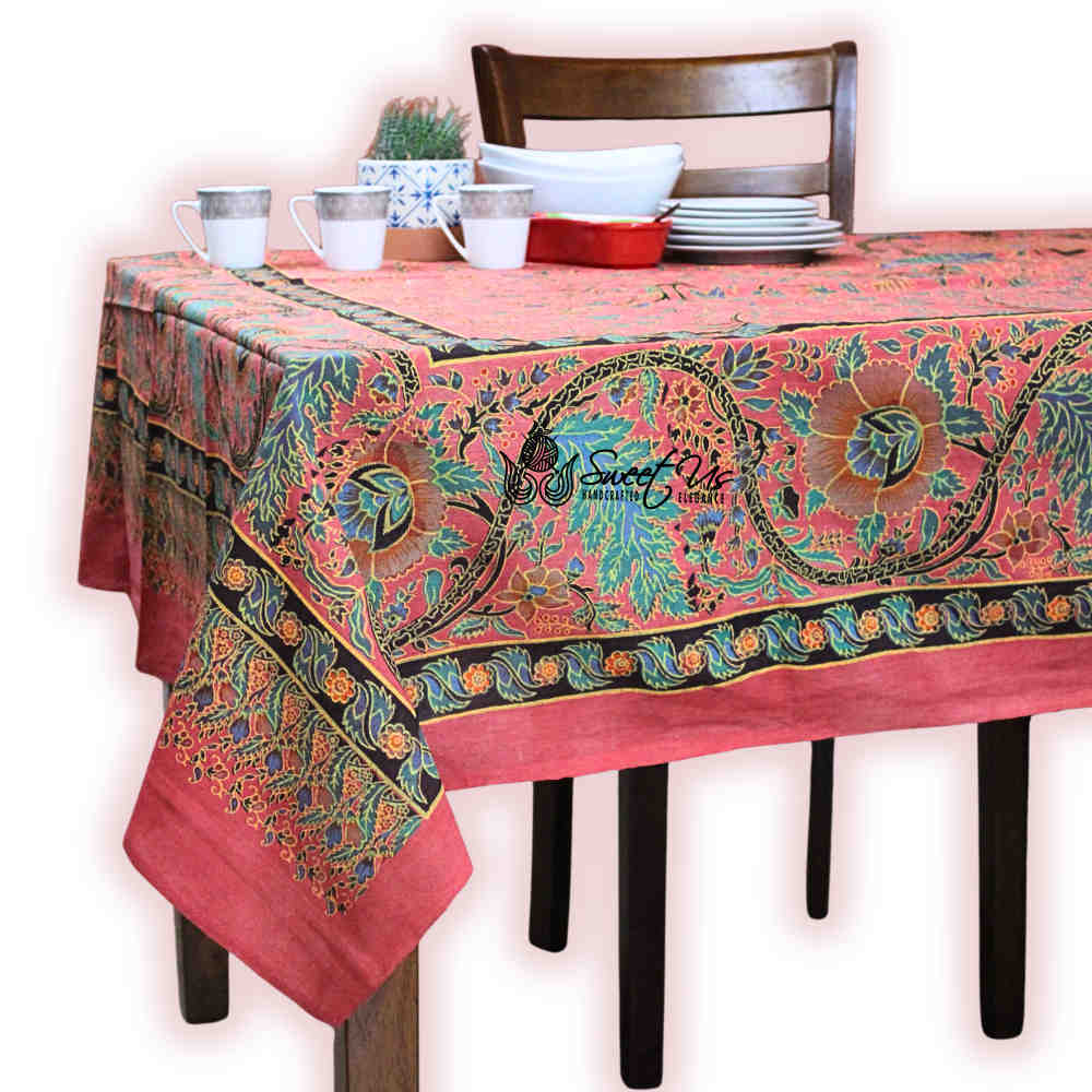 Tree of Life Hand loomed Cotton Floral Tablecloth — Crimson Orchard - Sweet Us