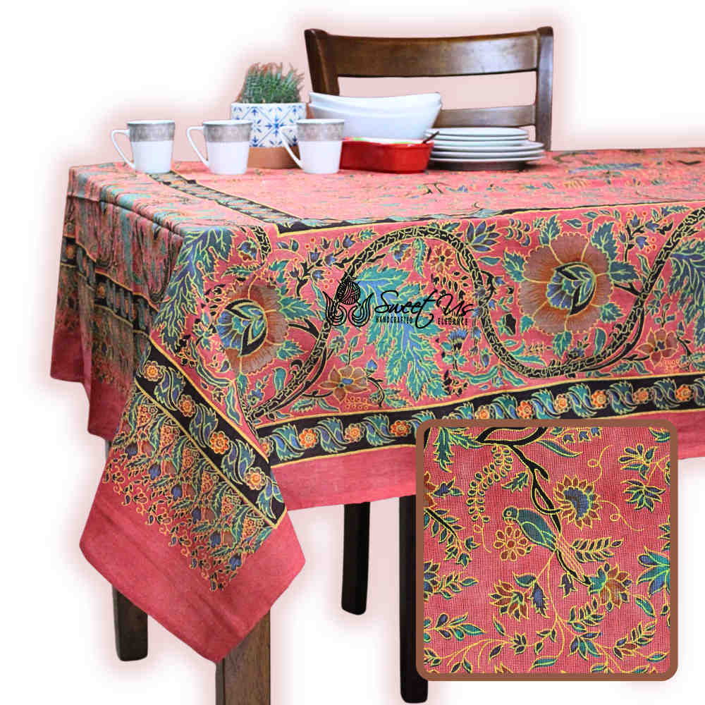 Tree of Life Hand loomed Cotton Floral Tablecloth — Crimson Orchard - Sweet Us
