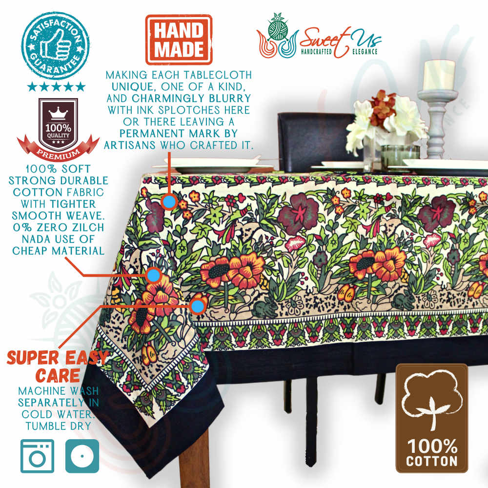 Tree of Life Hand loomed Cotton Tablecloth Rectangle, Onyx Orchard