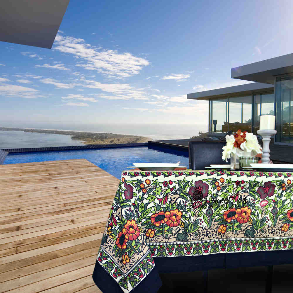 Tree of Life Hand loomed Cotton Tablecloth Rectangle, Onyx Orchard