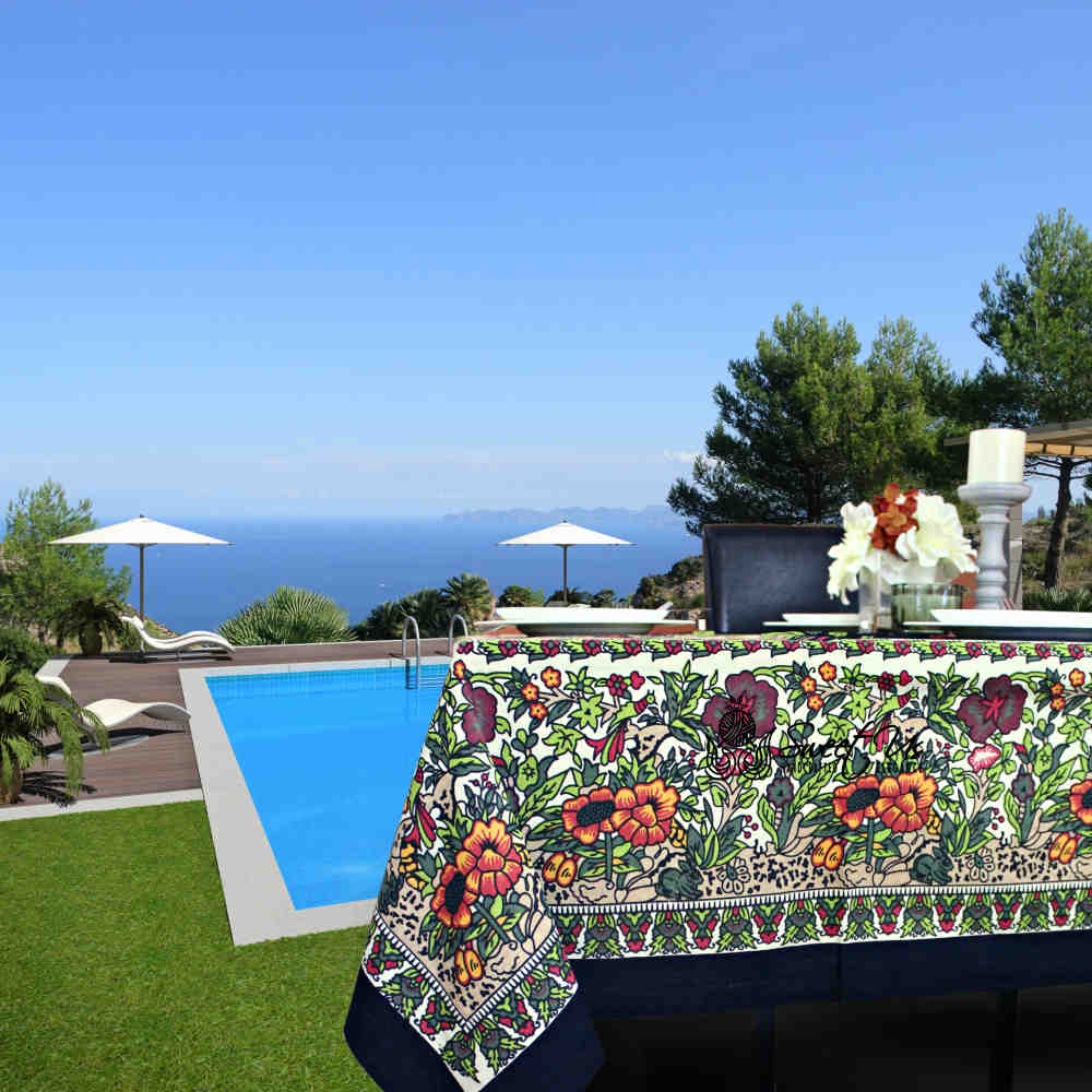 Tree of Life Hand loomed Cotton Tablecloth Rectangle, Onyx Orchard