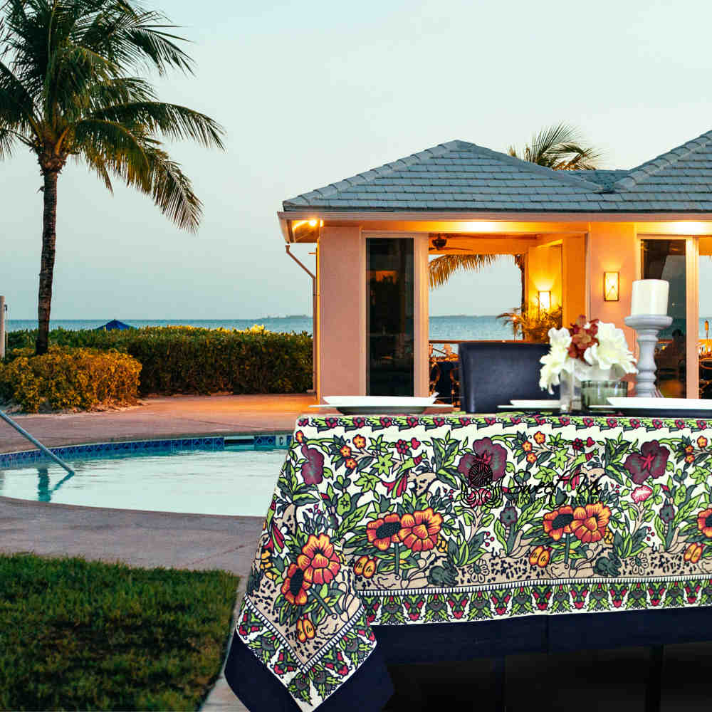 Tree of Life Hand loomed Cotton Tablecloth Rectangle, Onyx Orchard