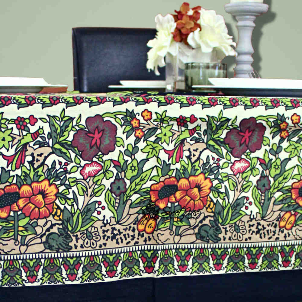 Tree of Life Hand loomed Cotton Tablecloth Rectangle, Onyx Orchard