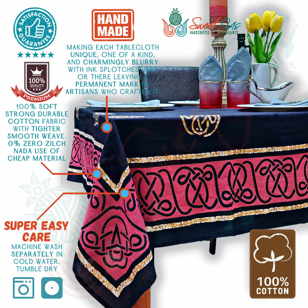 Large Cotton Celtic Tablecloth Rectangle, Red Black