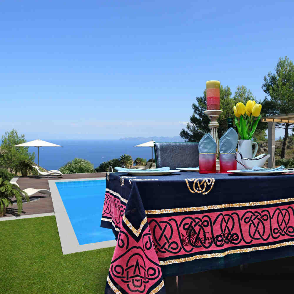 Large Cotton Celtic Tablecloth Rectangle, Red Black