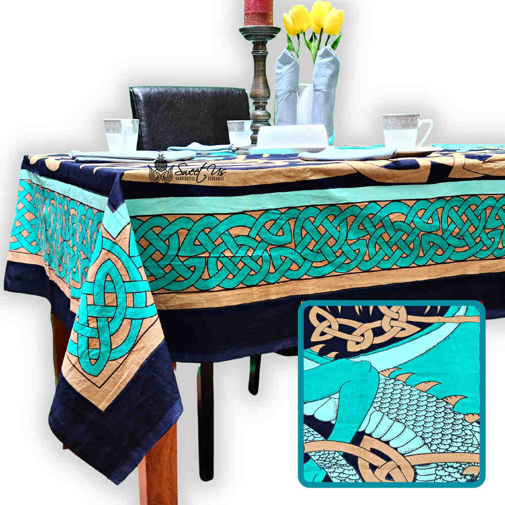 Celtic Dragoncrest Hand?Loomed Cotton Tablecloth — Emerald - Sweet Us