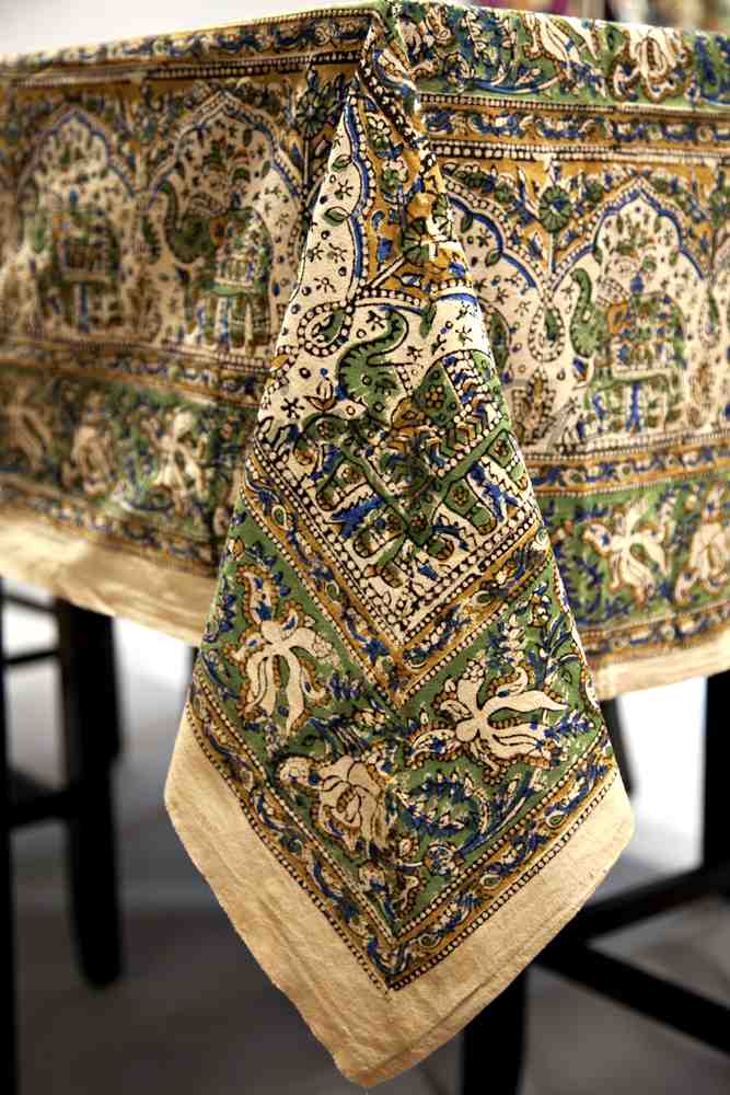 Cotton Kalamkari Floral Elephant Tablecloth Rectangle, Beige Green