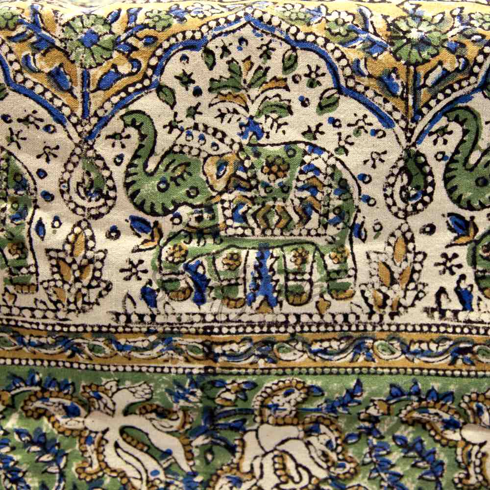 Cotton Kalamkari Floral Elephant Tablecloth Rectangle, Beige Green