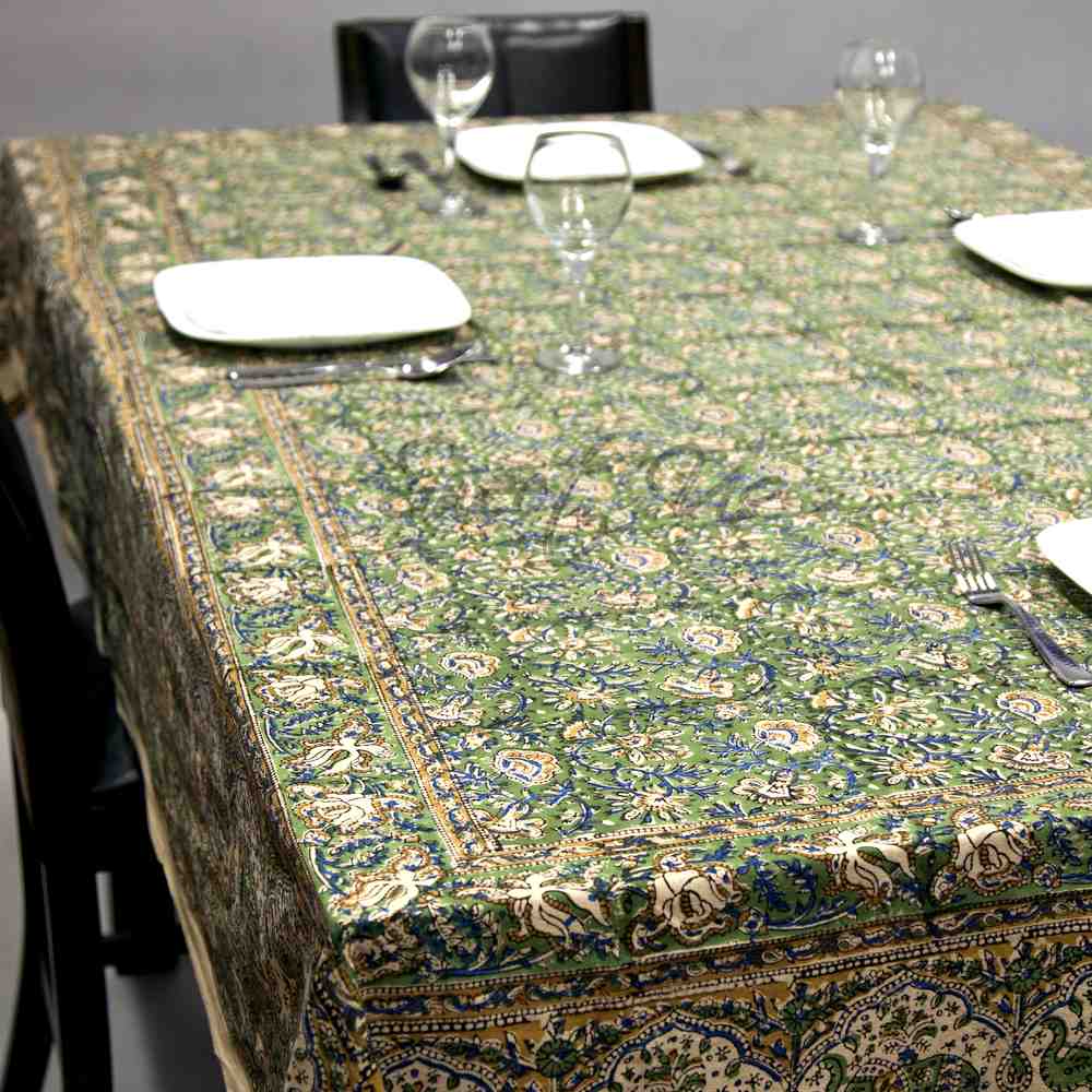 Cotton Kalamkari Floral Elephant Tablecloth Rectangle, Beige Green