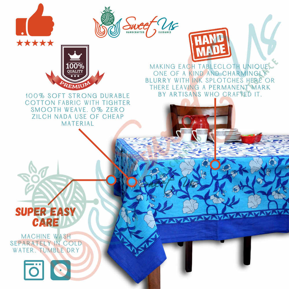 Regal Blooms Cotton Floral Tablecloth Rectangle, Starlit Sapphire