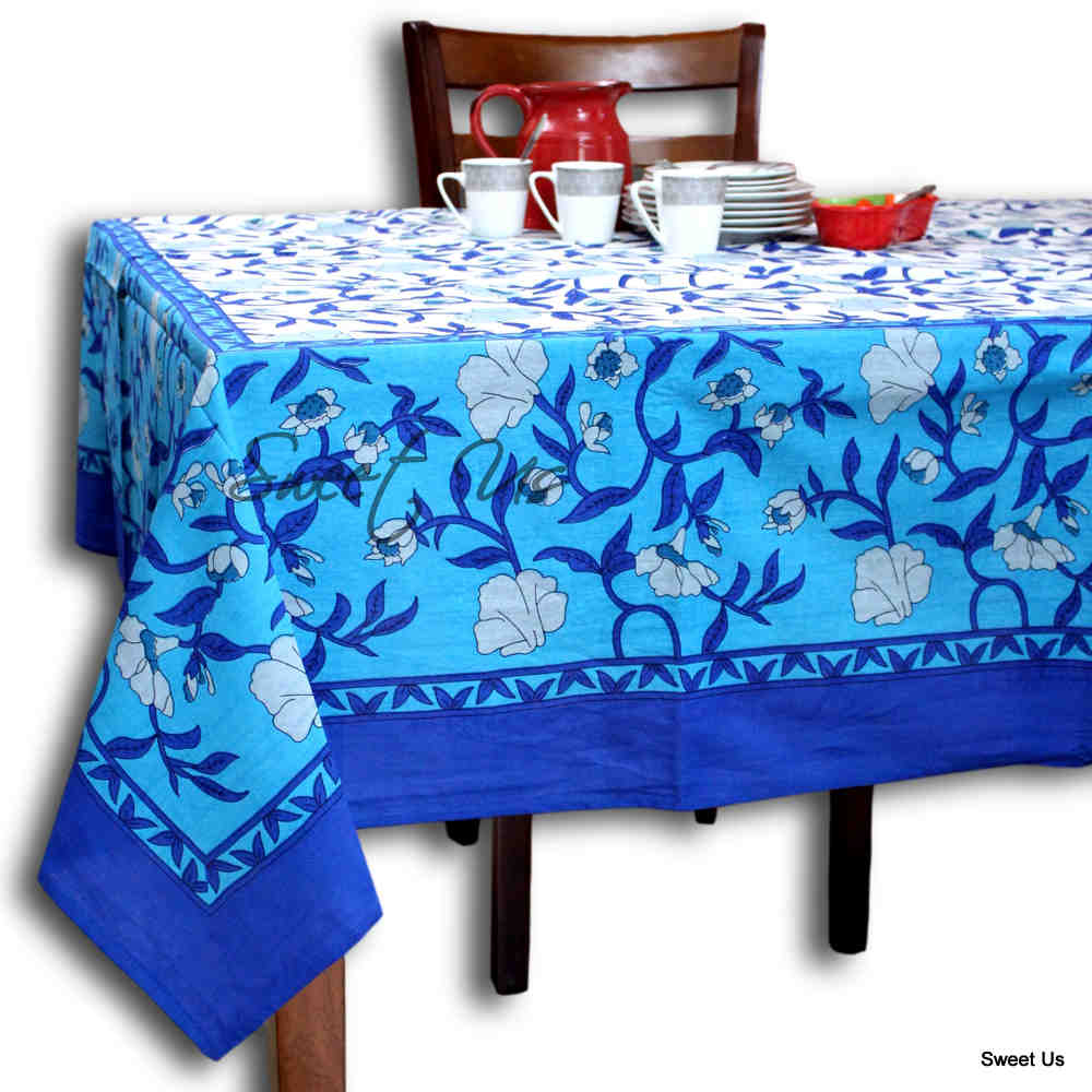 Regal Blooms Cotton Floral Tablecloth Rectangle, Starlit Sapphire
