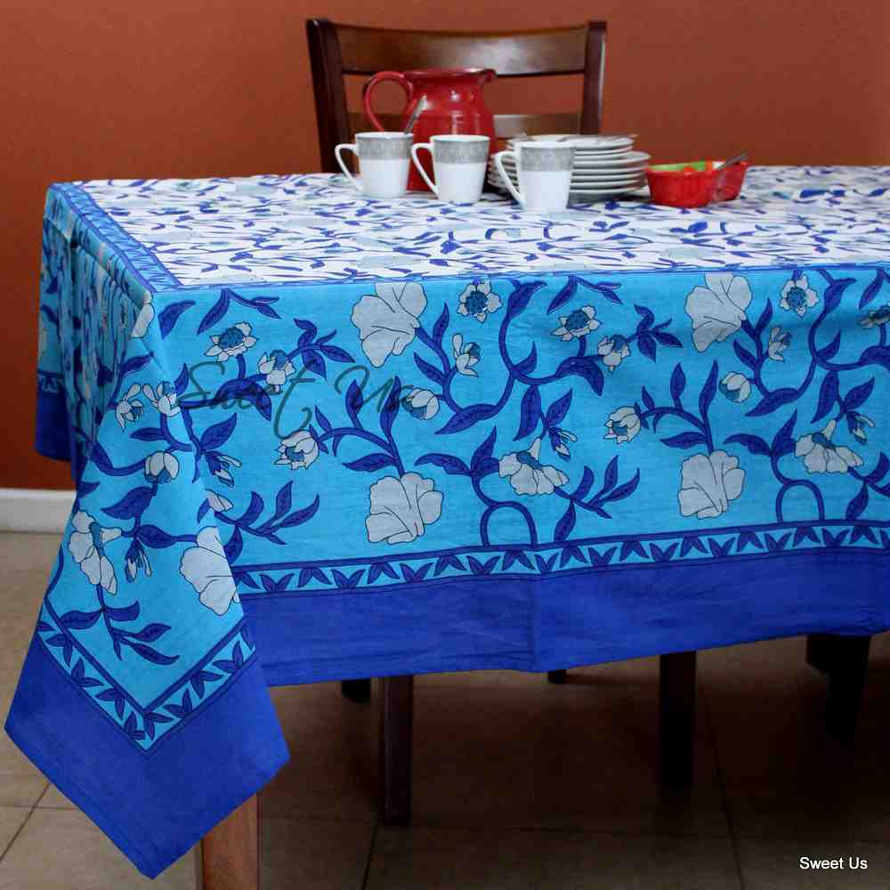 Regal Blooms Cotton Floral Tablecloth Rectangle, Starlit Sapphire
