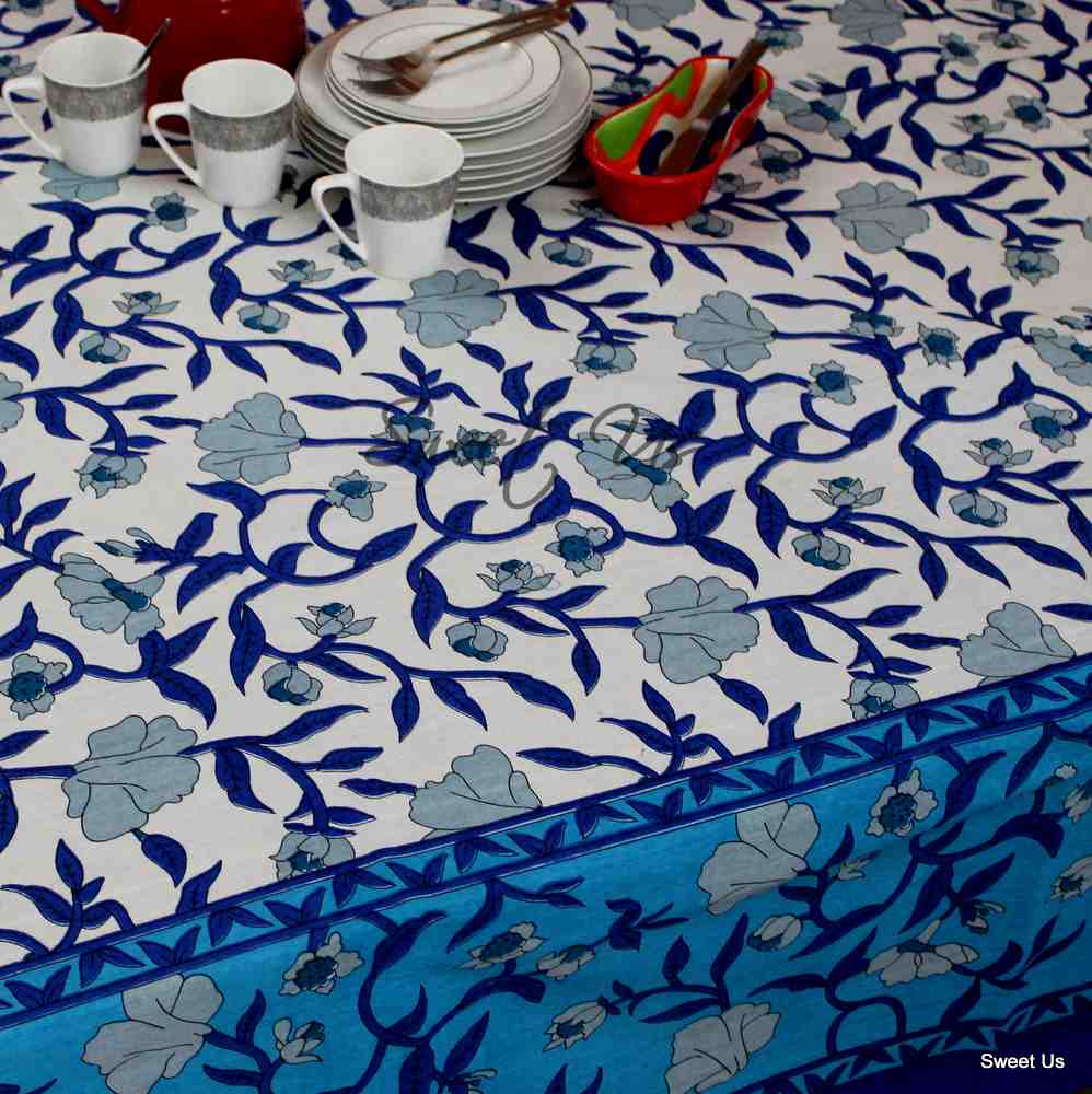 Regal Blooms Cotton Floral Tablecloth Rectangle, Starlit Sapphire