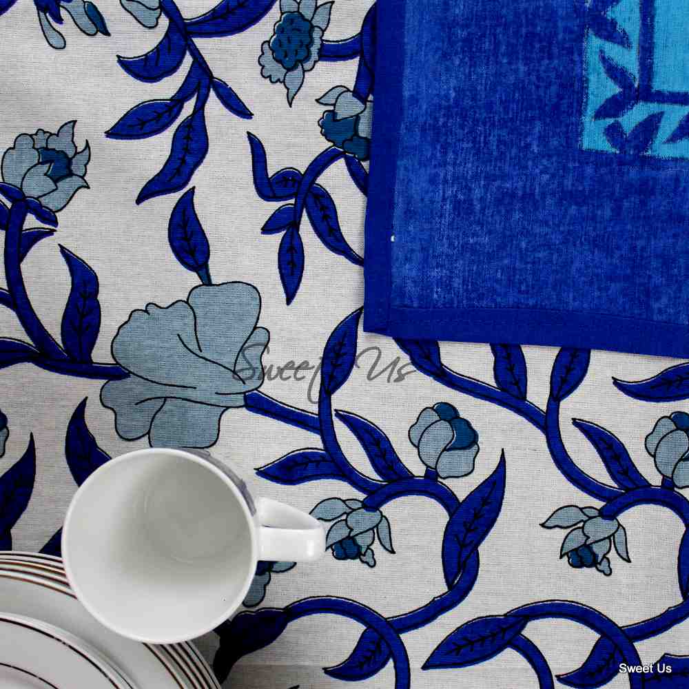 Regal Blooms Cotton Floral Tablecloth Rectangle, Starlit Sapphire