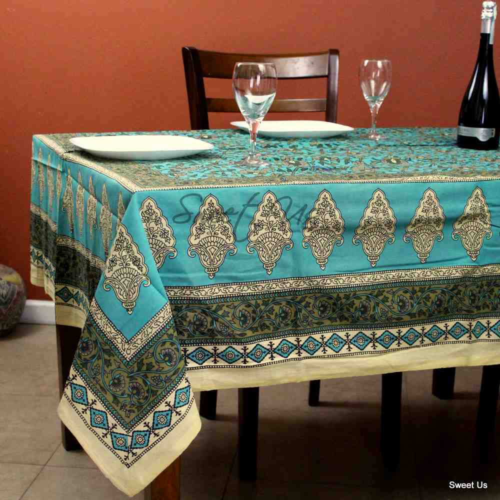 Cotton Floral Tablecloth for Rectangle Tables Turquoise Kitchen Dining Linen