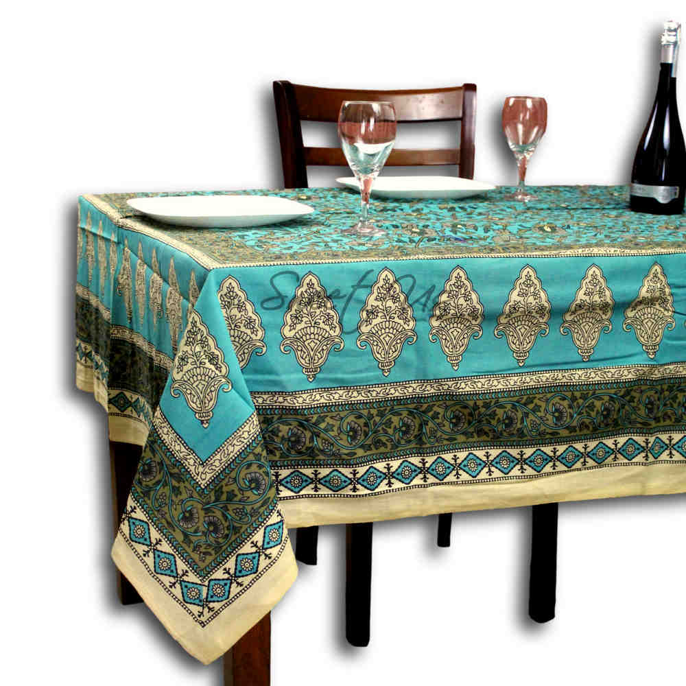 Cotton Floral Tablecloth for Rectangle Tables Turquoise Kitchen Dining Linen