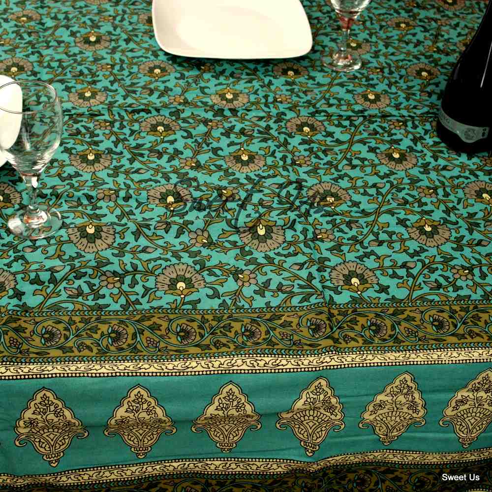 Cotton Floral Tablecloth for Rectangle Tables Turquoise Kitchen Dining Linen