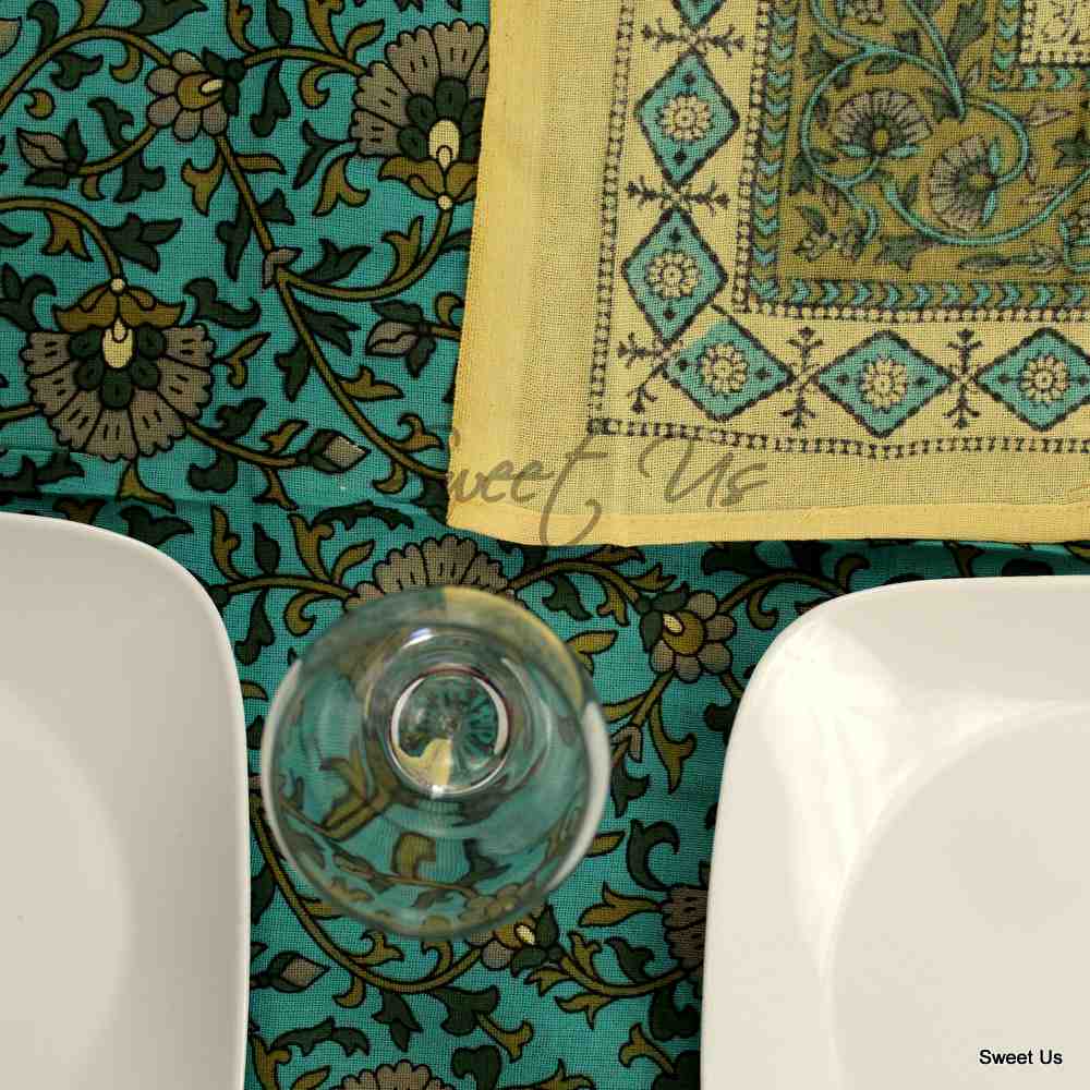 Cotton Floral Tablecloth for Rectangle Tables Turquoise Kitchen Dining Linen