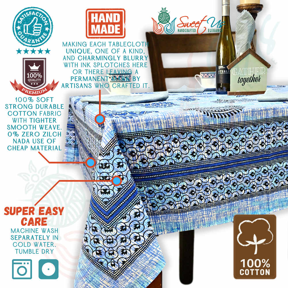 Crown Paisley Cotton Floral Tablecloth Rectangle, Royal Azure