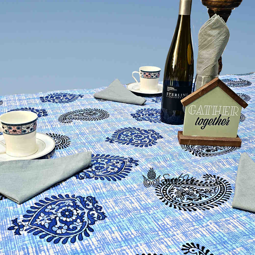 Crown Paisley Cotton Floral Tablecloth Rectangle, Royal Azure