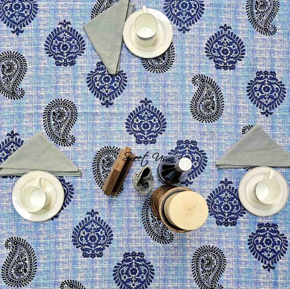 Crown Paisley Cotton Floral Tablecloth Rectangle, Royal Azure