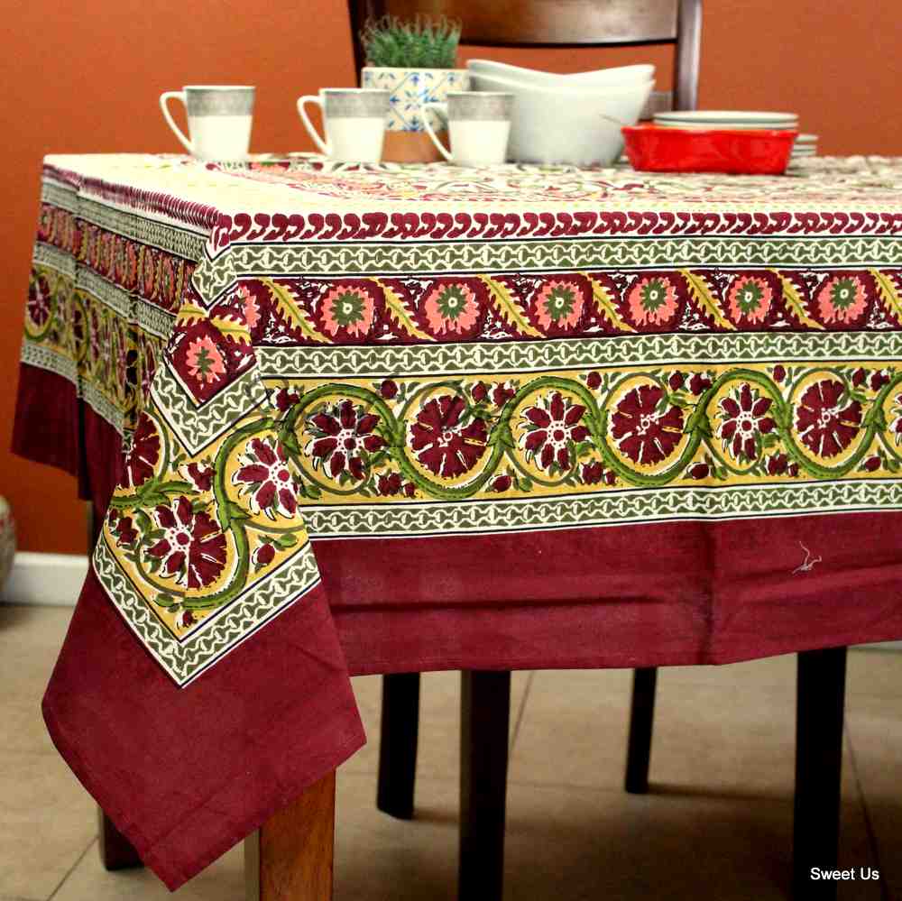 Sunflower Symphony Cotton Floral Tablecloth Rectangle, Burgundy Bouquet