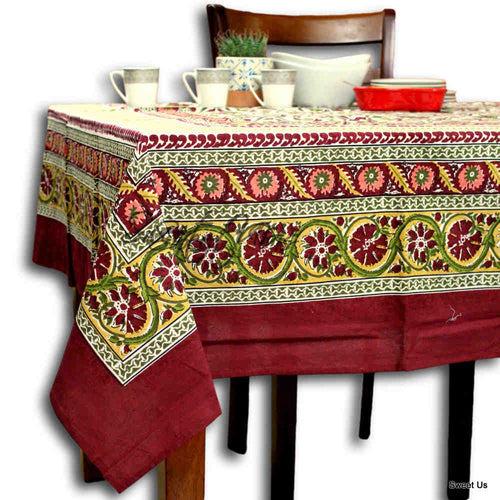 Sunflower Symphony Cotton Floral Tablecloth Rectangle — Burgundy Bouquet - Sweet Us