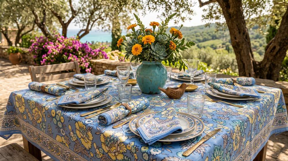 Sorrento Series Floral Cotton Tablecloth — Amalfi Azure - Sweet Us