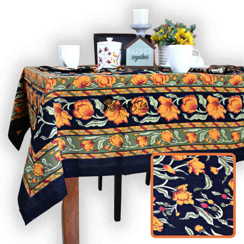Affluent Floral French Country Cotton Tablecloth Rectangle, Square, Amber Black