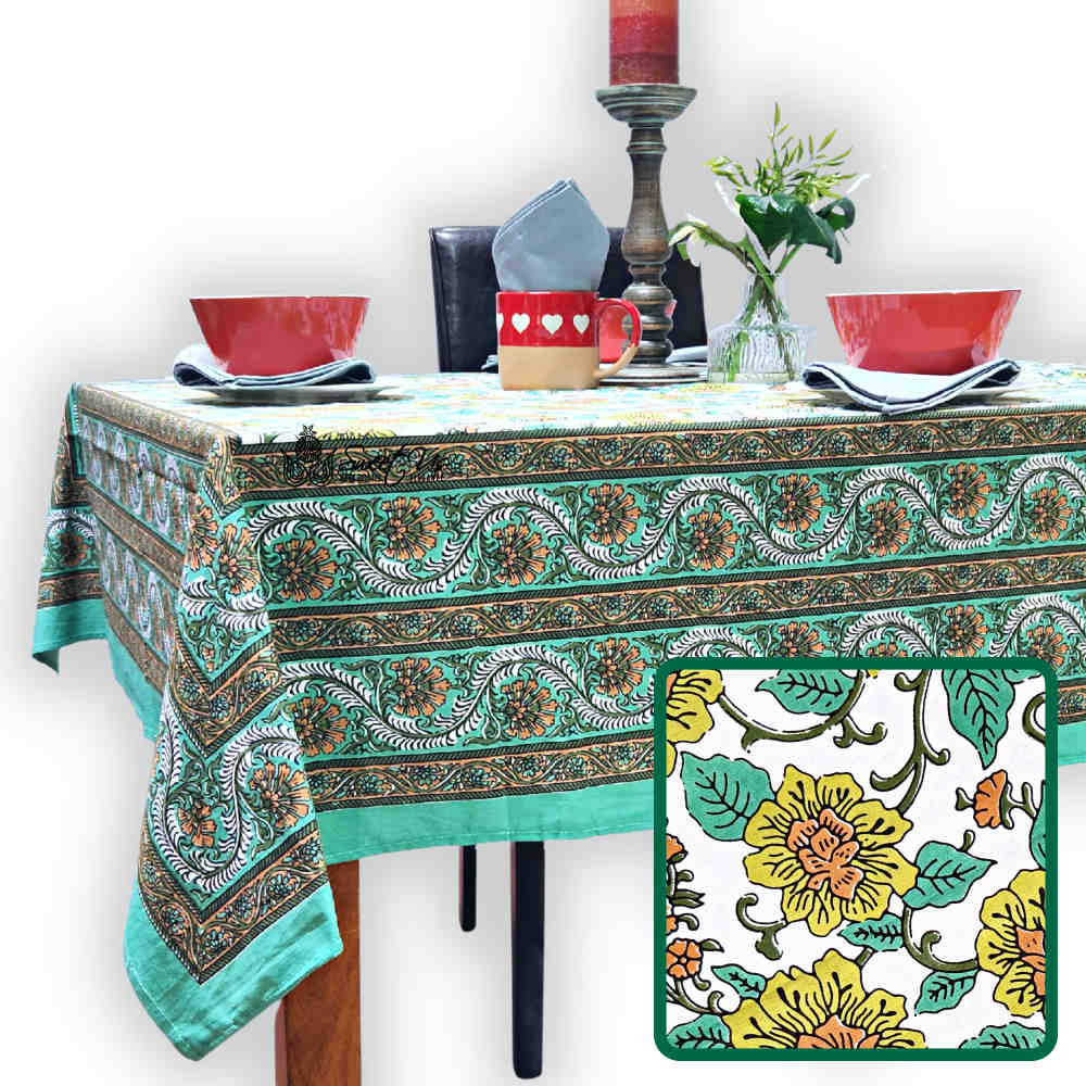 Cotton Bloom Delight Floral Tablecloth Rectangle, Kitchen Linen, Emerald Isle