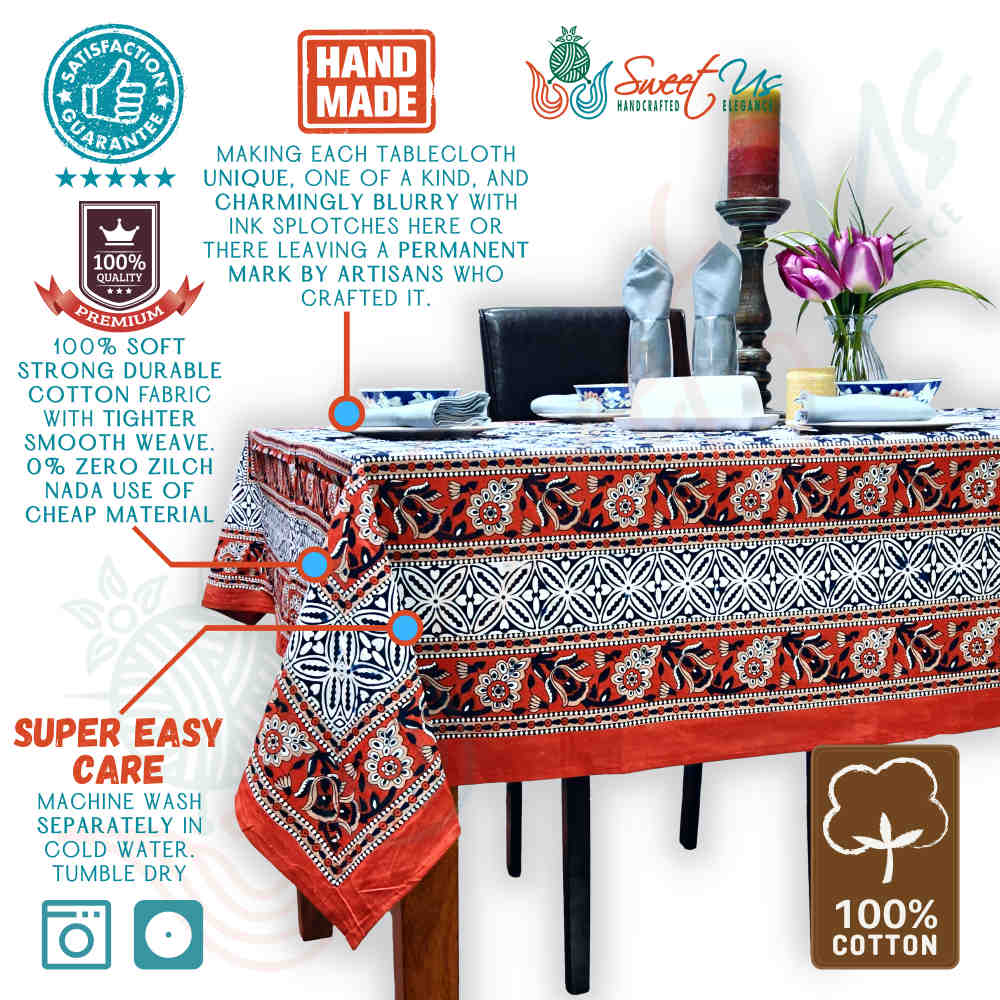 Cotton Bloom Delight Floral Tablecloth Rectangle, Kitchen Linen, Scarlet Slate