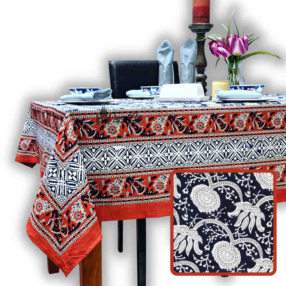 Cotton Bloom Delight Floral Tablecloth Rectangle, Kitchen Linen, Scarlet Slate