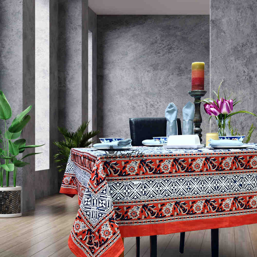 Cotton Bloom Delight Floral Tablecloth Rectangle, Kitchen Linen, Scarlet Slate