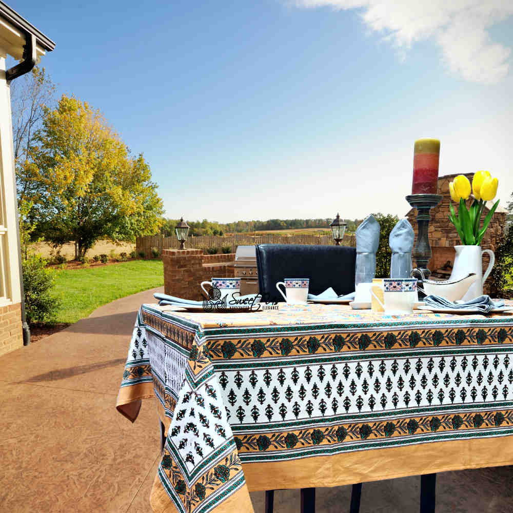 Cotton Bloom Delight Floral Tablecloth Rectangle Kitchen Linen Turquoise Mirage