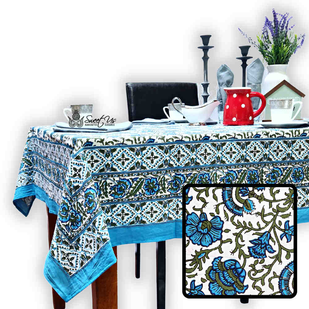 Cotton Bloom Delight Floral Tablecloth Rectangle, Kitchen Linen, Bluebell Grove