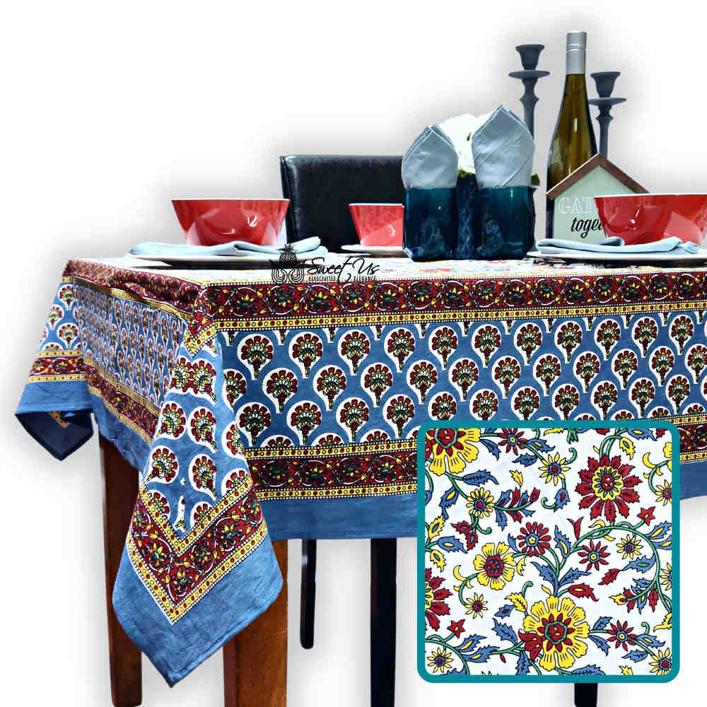 Cotton Bloom Delight Floral Tablecloth Rectangle, Kitchen Linen, Crimson Tide