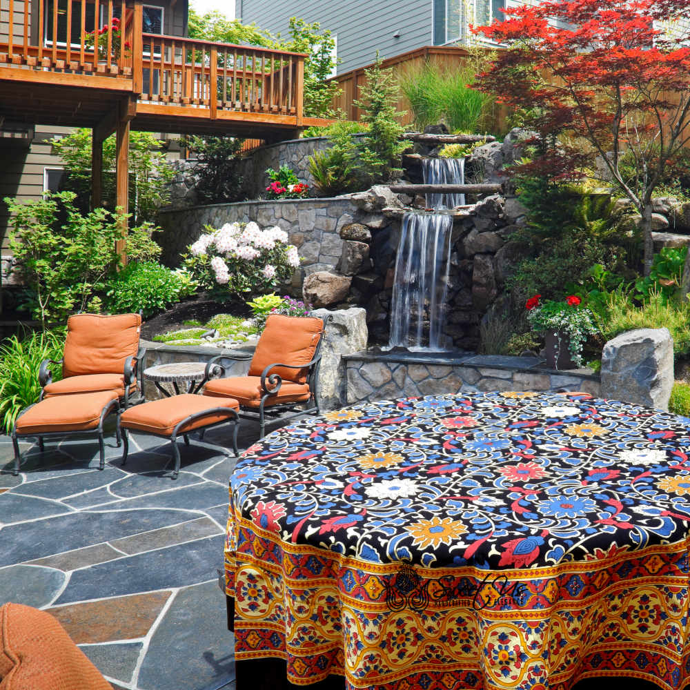 Arka Sunflower Round Tablecloth — Malaga Sapphire & Garnet - Sweet Us