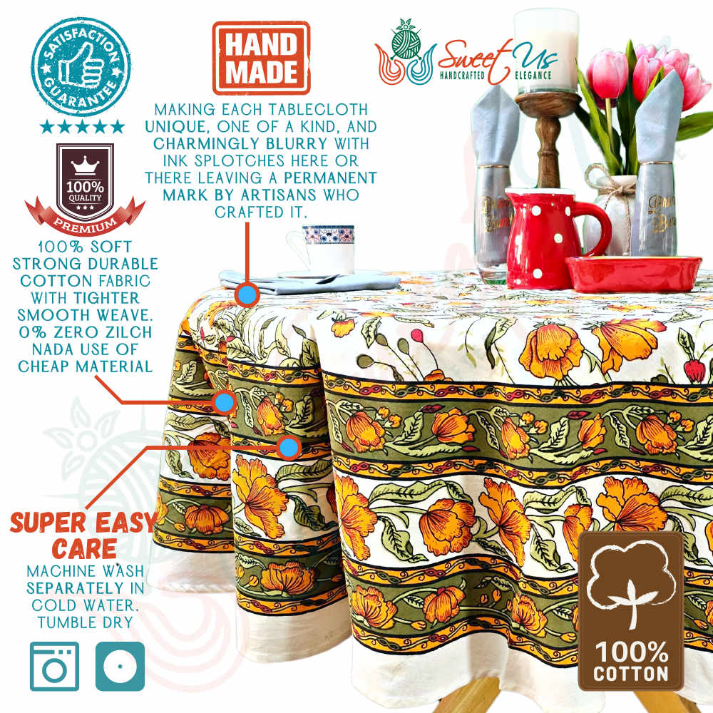 The Affluent Floral French Country Cotton Tablecloth Round, Amber White